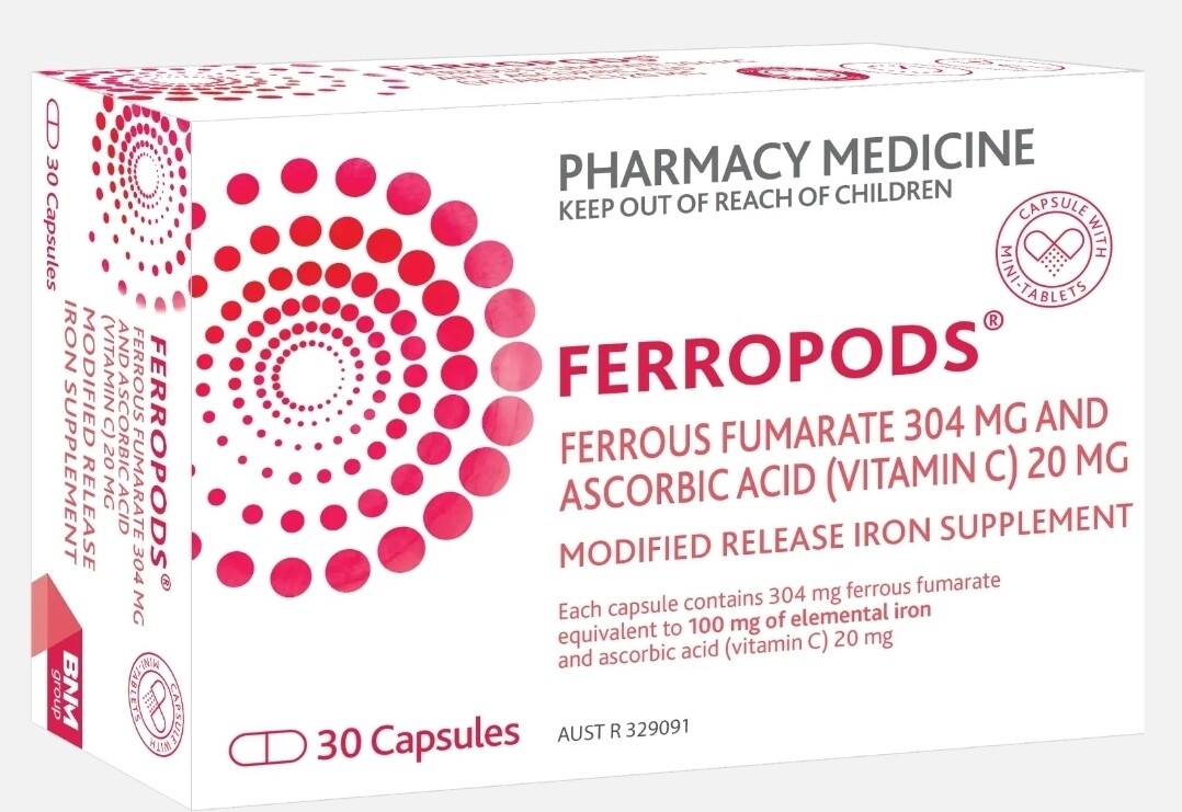 Ferropods Iron & Vitamin C 30 Modified Release Capsules (Ferro-grad C Generic) ozhealthexperts