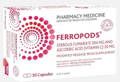 Ferropods Iron & Vitamin C 30 Modified Release Capsules (Ferro-grad C Generic) ozhealthexperts