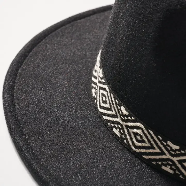 Rhombus Print Strap Panama Hat Black