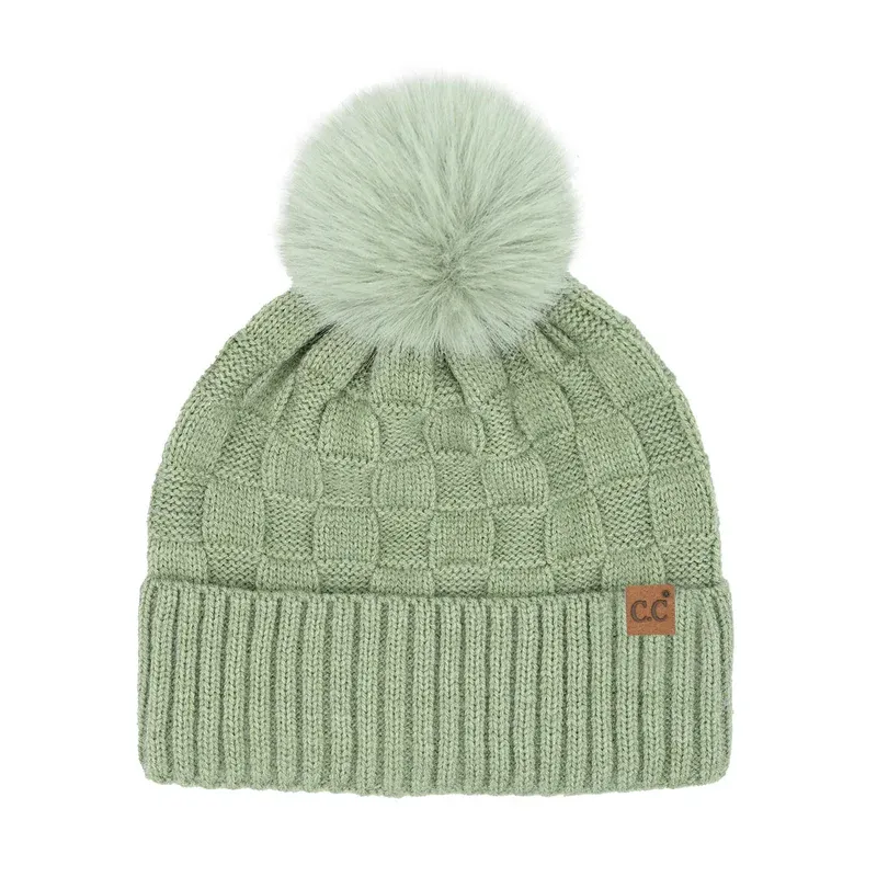 Beanie Woven Checkered Pom Beanie