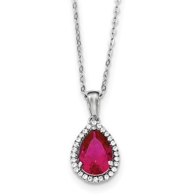 Sterling Silver CZ Created Ruby Pear Necklace