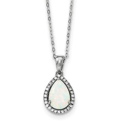 Sterling Silver CZ Created Opal Pear Necklace