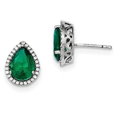 Sterling Silver CZ Created Emerald Pear Earrings