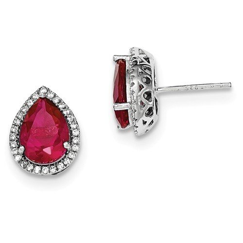 Sterling Silver CZ Created Ruby Pear Earrings