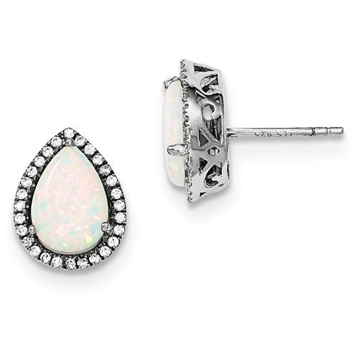 Sterling Silver CZ Created Opal Pear Earrings