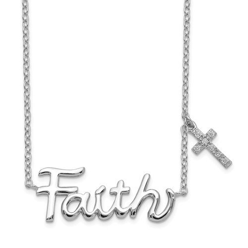 Sterling Silver Faith With CZ Cross Charm Necklace