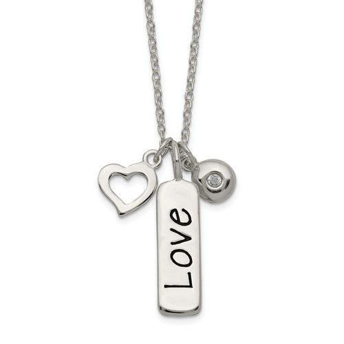 Sterling Silver Polished CZ Love Heart Charm With 1 Inch Ext Necklace