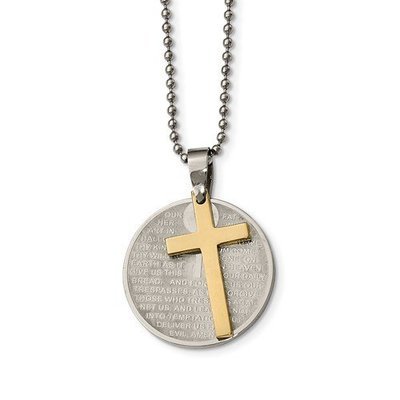 Stainless Steel Brushed/Polished Yellow IP Lords Prayer Cross Necklace