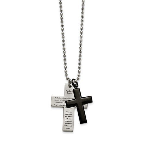Stainless Steel Polished Black IP-Plated Lord's Prayer Cross Necklace