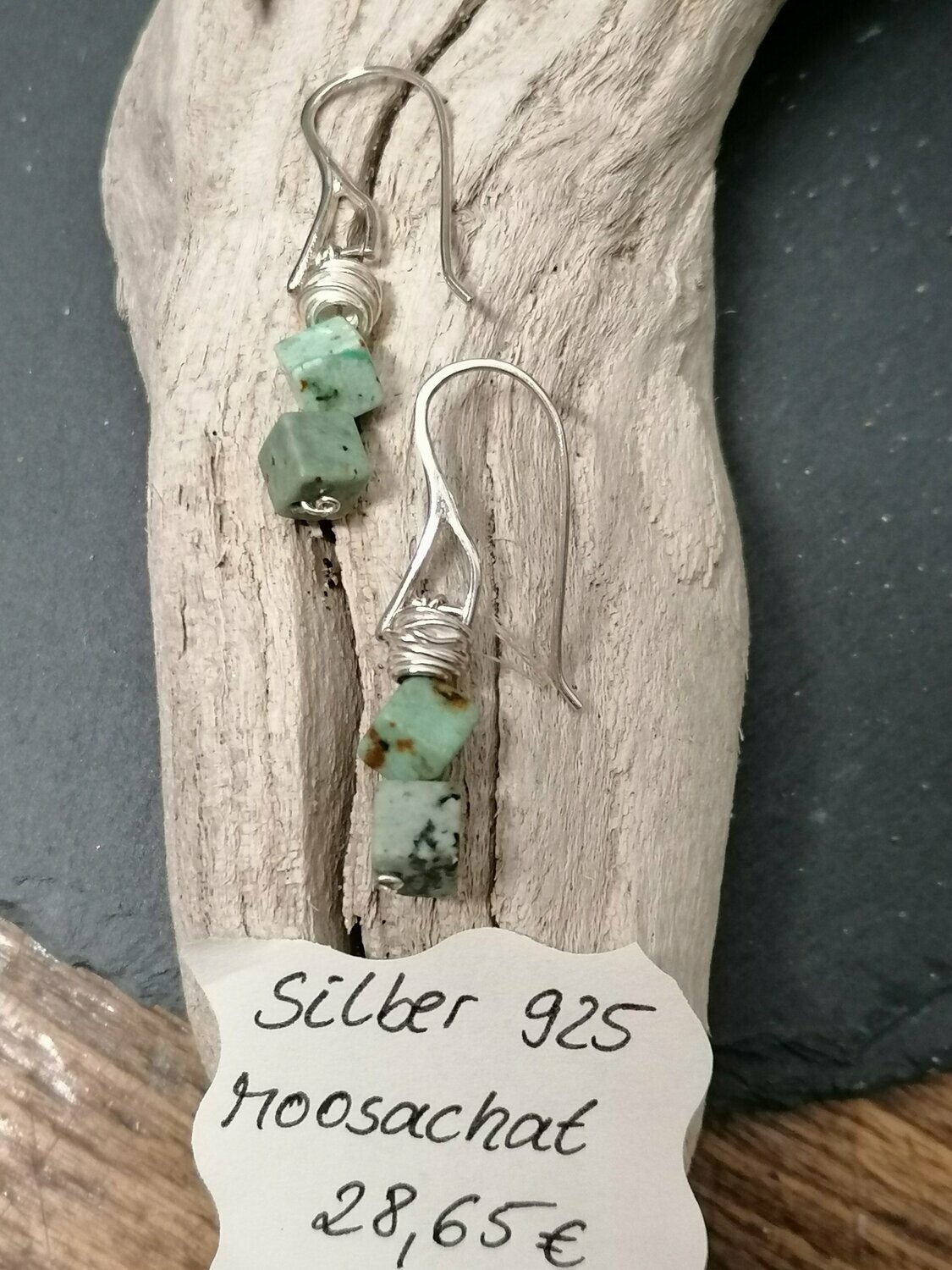 Ohrhänger Silber 925 mit 2 Moosachatwürfeln und Silberspirale