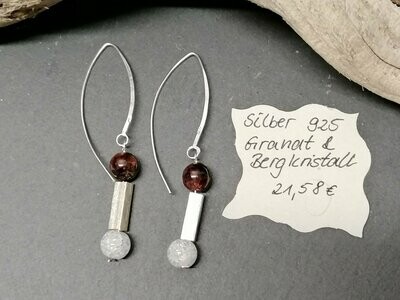 Ohrhänger Silber 925 mit je einem Granat, einem Bergkristall und gebürstetem Silberquader. Länge ca 6cm