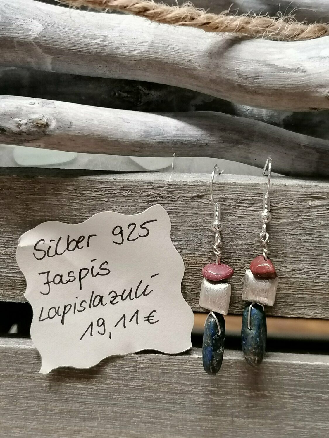 Ohrhänger Silber 925 mit je einem roten Jaspis(Trommelstein),walzenförmigen Lapislazuli und gebürstetem Silberkissen