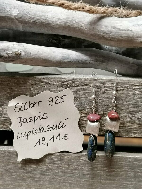 Ohrhänger Silber 925 mit je einem roten Jaspis(Trommelstein),walzenförmigen Lapislazuli und gebürstetem Silberkissen