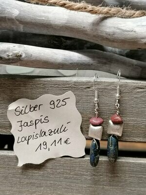 Ohrhänger Silber 925 mit je einem roten Jaspis(Trommelstein),walzenförmigen Lapislazuli und gebürstetem Silberkissen