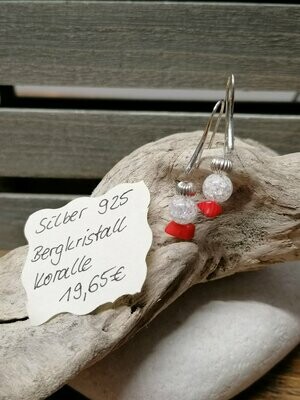 Ohrhänger Silber 925 mit je einer roten Koralle und einem rundem Bergkristall