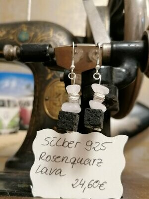 Ohrhänger Silber 925 mit je 2 Rosenquarz , 1 Lavawürfel und 1 Silberspirale.