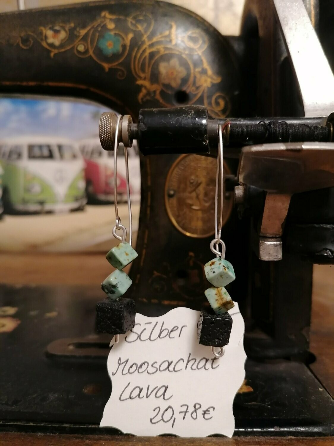 Ohrringe Silber 925 mit je 2 Moosachaten und einem Lavawürfel