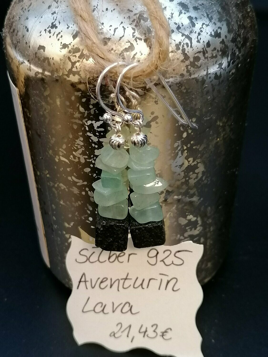Ohrhänger Silber 925 mit je einem Lavawürfel und je sechs Aventurinen sowie einer Silberperle