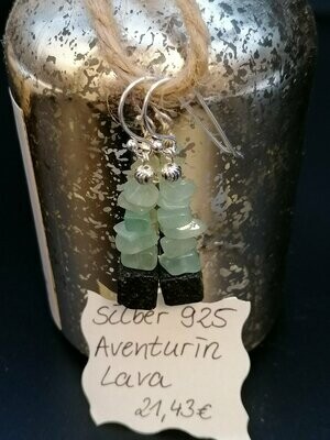 Ohrhänger Silber 925 mit je einem Lavawürfel und je sechs Aventurinen sowie einer Silberperle