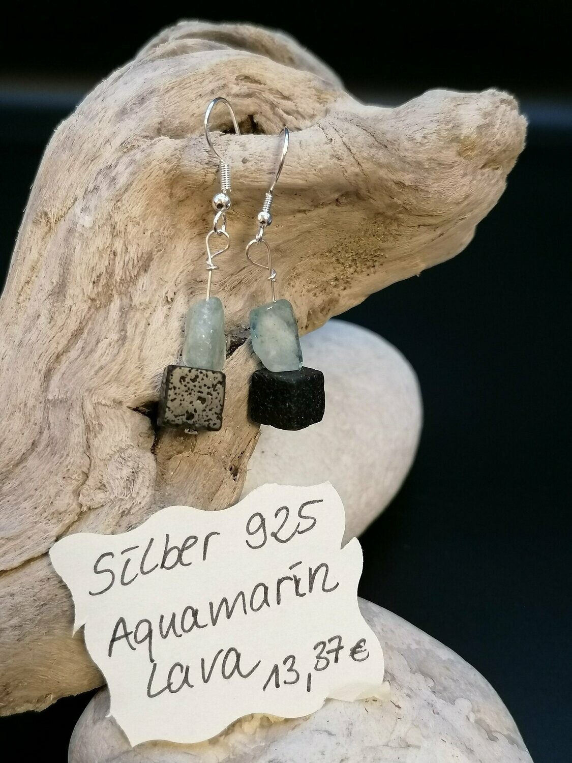 Ohrhänger Silber 925 mit je einem Aquamarin und einem Lavawürfel
