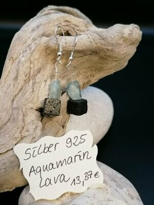 Ohrhänger Silber 925 mit je einem Aquamarin und einem Lavawürfel
