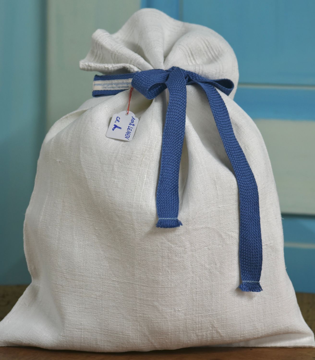 Brotbeutel Gr. L  Leinen Weiss/Blau