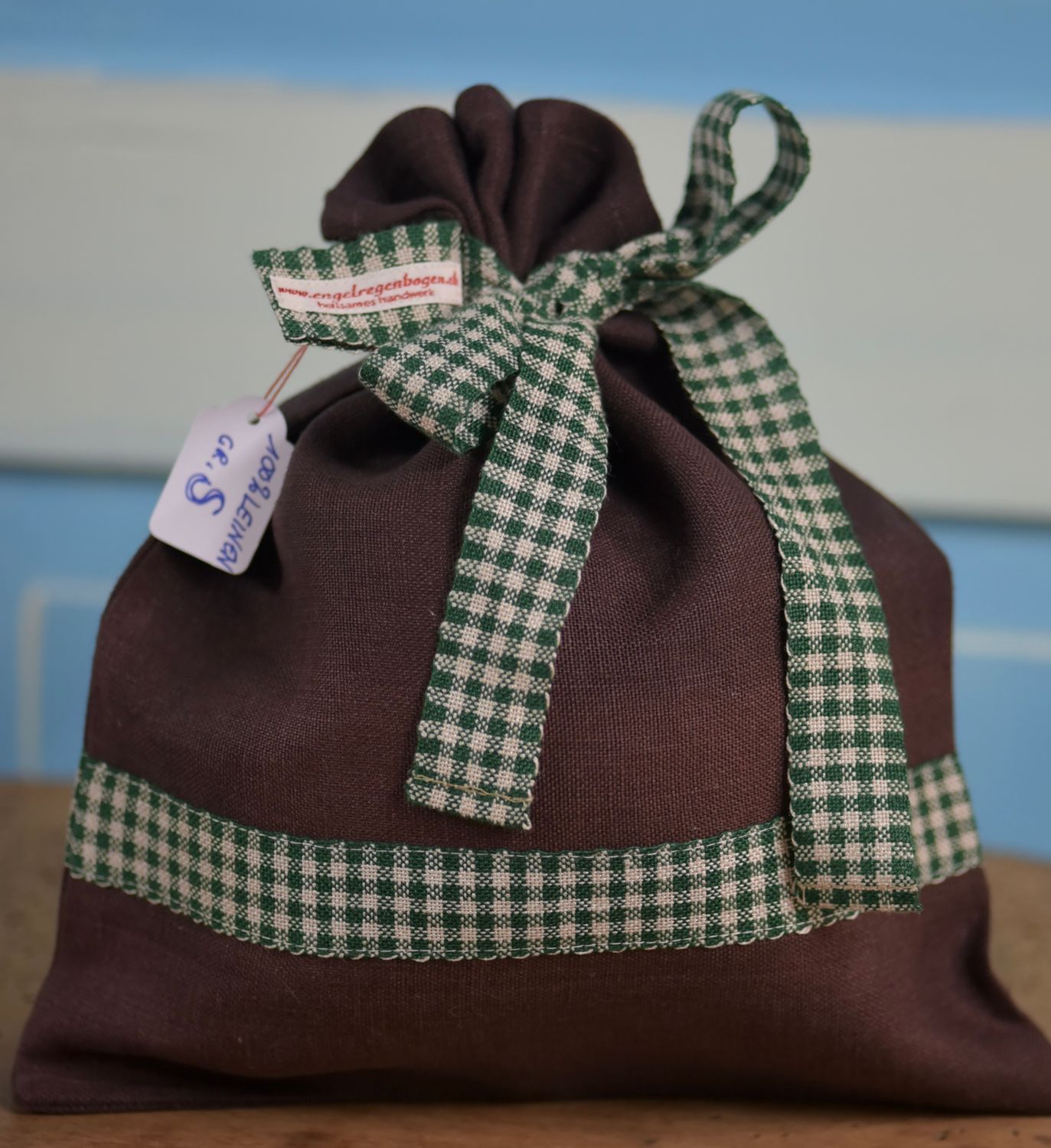 Brotbeutel Gr. S Leinen Dunkelbraun/grün kariert