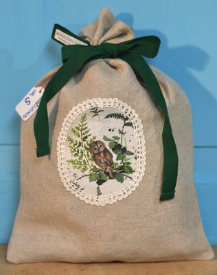 Leinenbeutel Gr. S Leinen Natur/Waldkauz v. Daniela Drescher