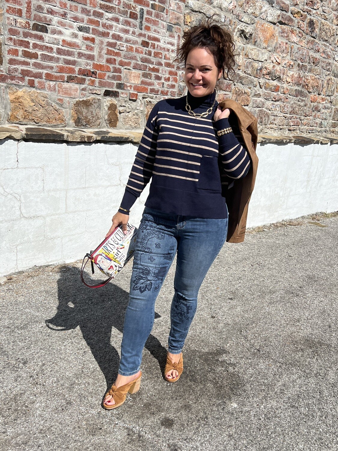Charlie B . Navy/Taupe Striped Sweater