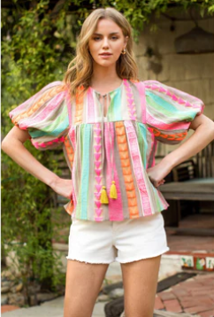 THML . Embroidered Tassel Tie Top