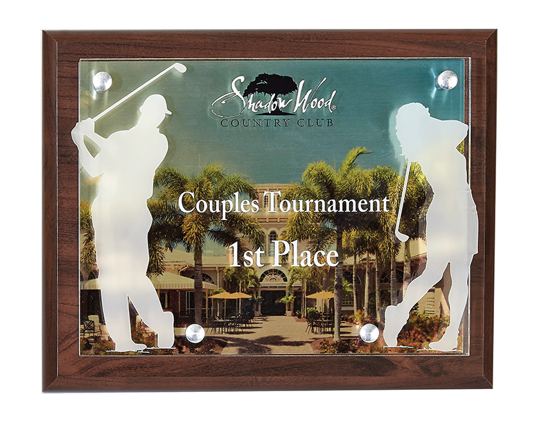 Wood Panel Plaque with Frosted Acrylic Golfers