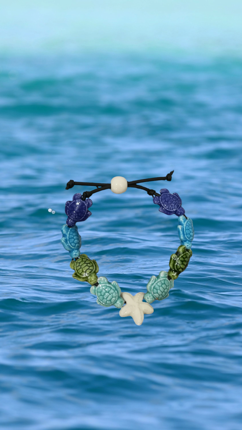 Bracciale tartarughe in ceramica colore blu,turchese,verde ramina,verde smeraldo, stella bianca.