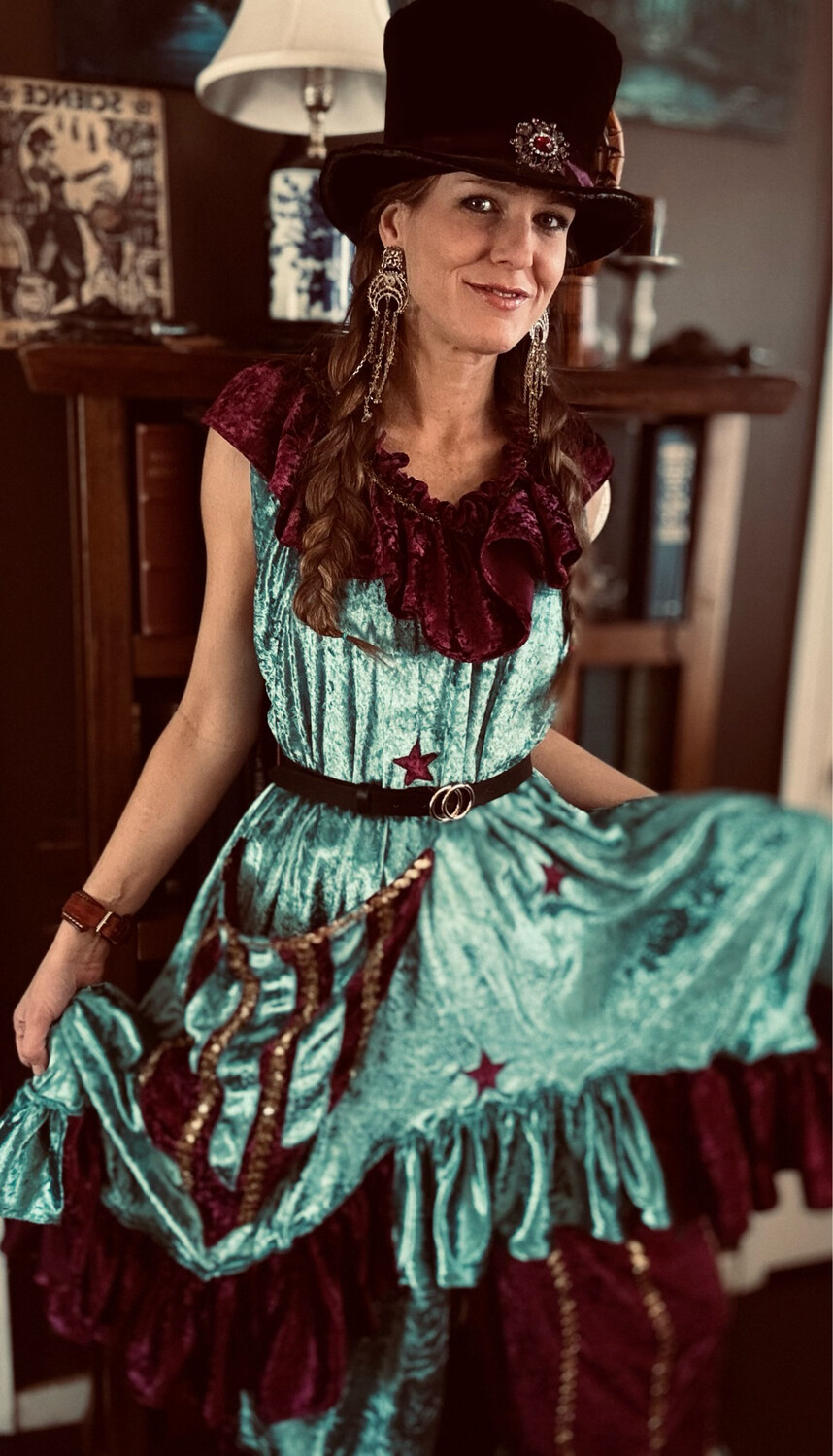 Velvet Cosmic, Dress, And Bloomers. Velvet Stars And Ruffles Elastic Waist Band And Drawstring. 22 Inches Straight Across The Chest From Shoulder To Floor Is 48 Inches The Bloomers hip To Floor, 37