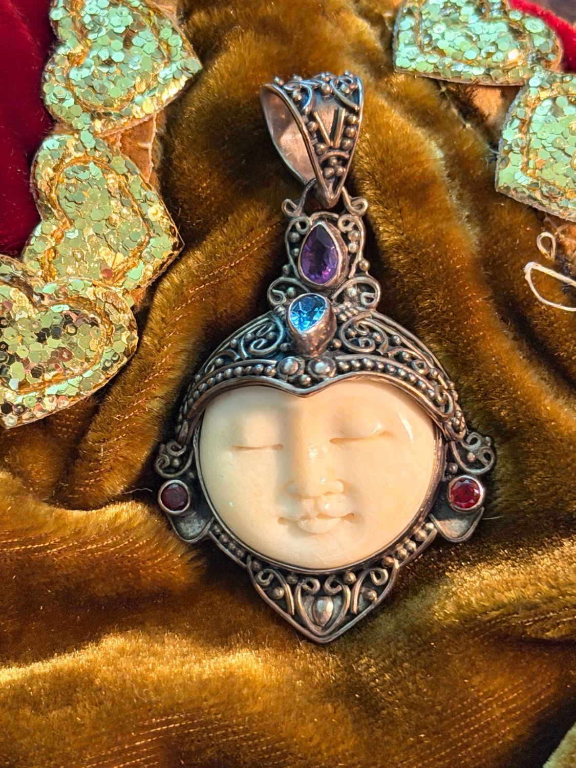 Silver Pendant, Moon Face, And Gemstones