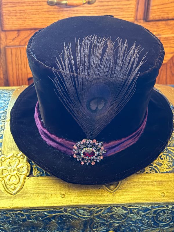 Velvet Brooch And Feather Top Hat