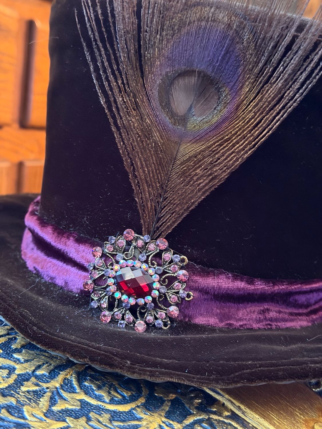 Velvet Brooch And Feather Top Hat