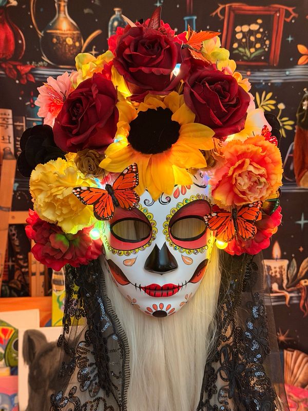 Day Of The Dead Mask Lights Up AAA batteries Included. Long Black Veil Overhead.