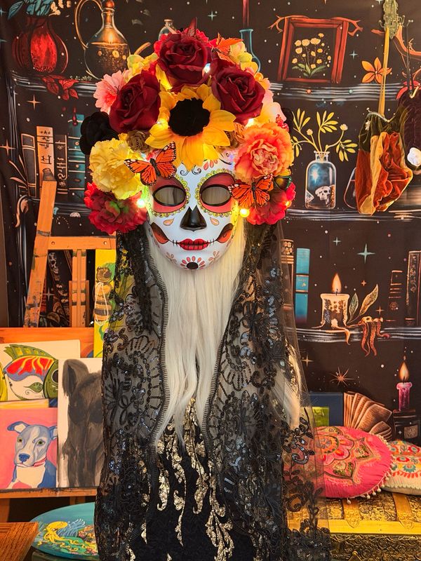 Day Of The Dead Mask Lights Up AAA batteries Included. Long Black Veil Overhead.