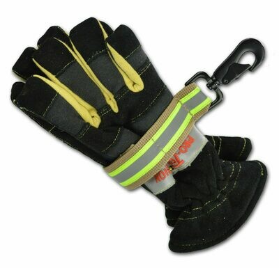 Premium Heavy-Duty Nylon Fire Glove Strap; Extra-Wide Webbing, Velcro, TURNOUT TAN w/ Triple Trim Reflective & Forged Eye Hook—Black Hardware