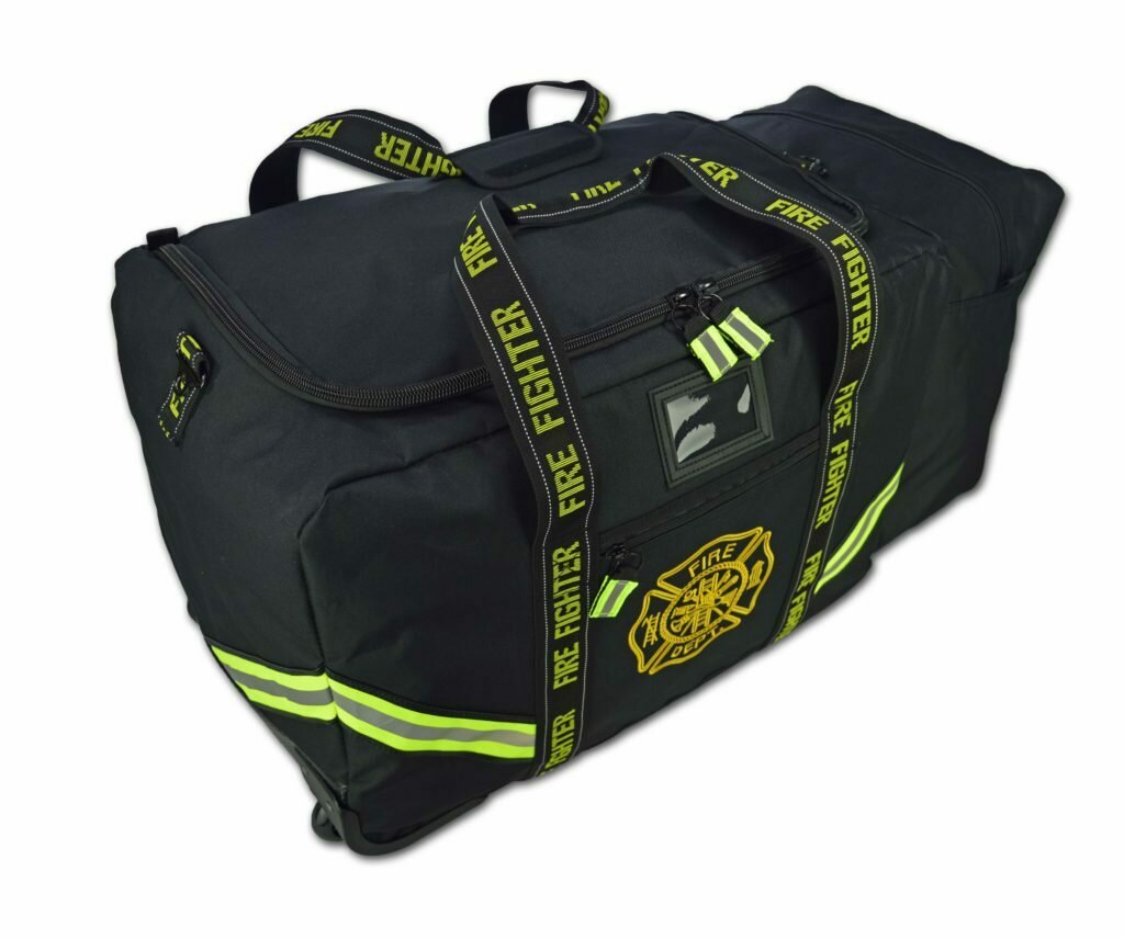 Value Rolling Firefighter Turnout Gear Bag w/ Helmet Compartment, Reinforced Stress Areas, Rollerblade Wheels & Triple Trim Reflective—BLACK