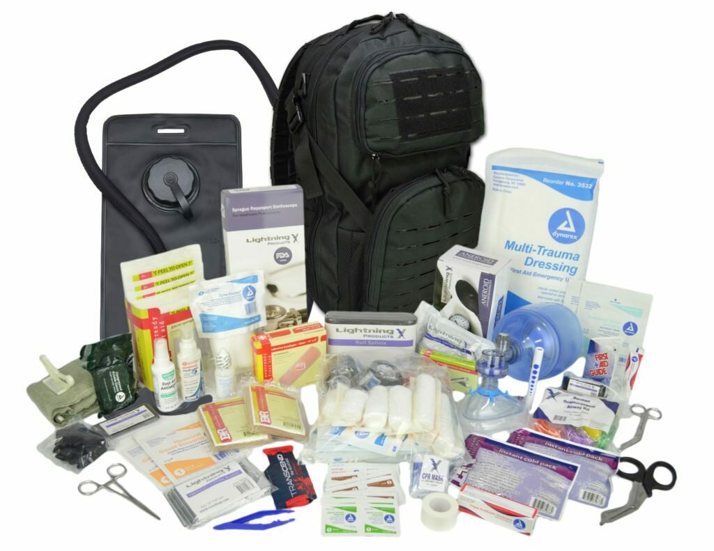 Tactical MOLLE Med Backpack w/ Modular Pouches & Hydration Port w/ Trauma & Bleeding Medic Fill Kit + Hydration Bladder —BLACK