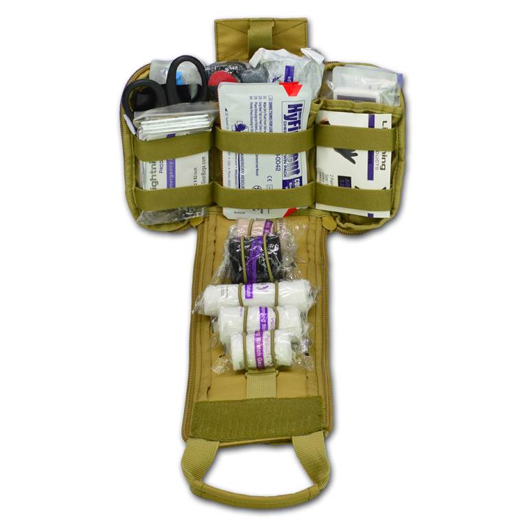 Laser Cut Premium MOLLE Pouch w/ Complete Gunshot & Trauma Fill Kit - DESERT TAN