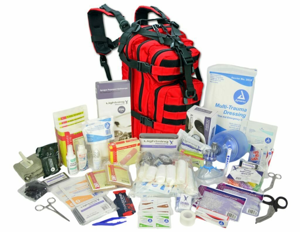Small Tactical Assault Backpack w/ Trauma & Bleeding Medic Fill Kit—RED