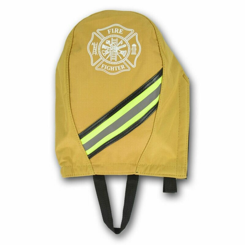 SCBA Mask Bag w/ Fleece Lining, Triple Trim Reflective w/ Leather Binding, Maltese Cross & Snap Hook—TURNOUT TAN W/ RIPSTOP WEAVE