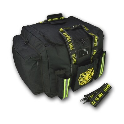 Premium Padded Step-In Turnout Gear Bag w/ Reinforced Bottom, Side Accessory Pockets, Shoulder Strap & Front Operations Pockets - BLACK