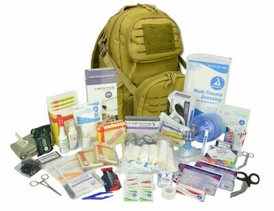 Tactical MOLLE Med Backpack w/ Modular Pouches & Hydration Port w/ Trauma & Bleeding Medic Fill Kit—DESERT TAN