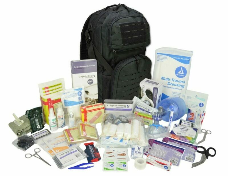 Tactical MOLLE Med Backpack w/ Modular Pouches & Hydration Port w/ Trauma & Bleeding Medic Fill Kit—BLACK