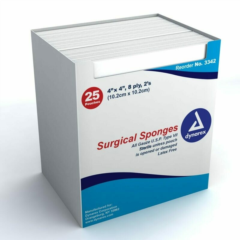 Gauze Pad - 4" x 4", 8-Ply, Sterile, Box of 25 - 2's (50 pads)