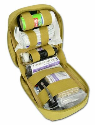 Standard MOLLE Accessory Pouch with Hook & Loop Name Plate w/ Trauma and Hemorrhage Control IFAK Fill Kit—DESERT TAN