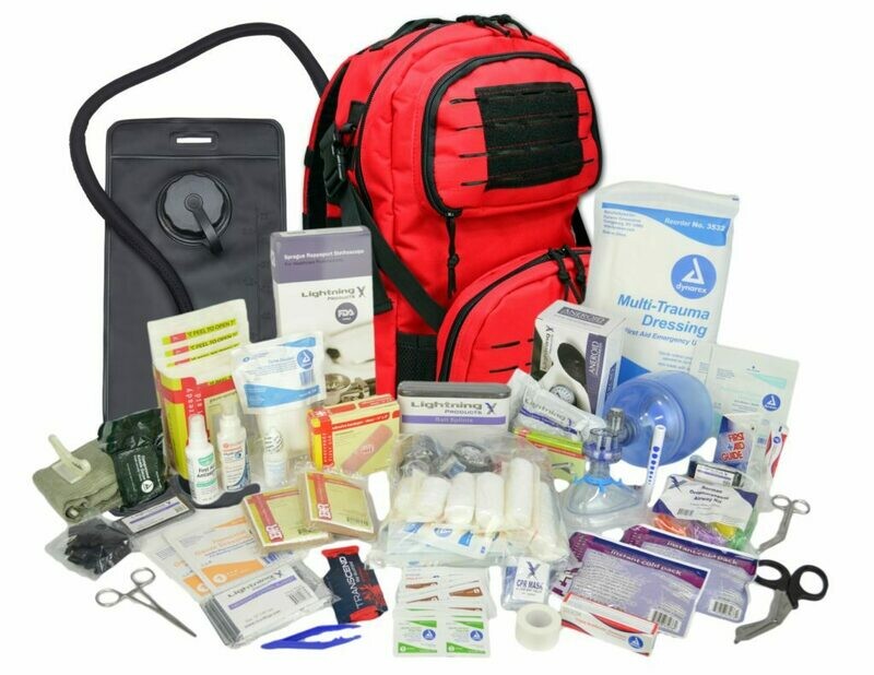 Tactical MOLLE Med Backpack w/ Modular Pouches & Hydration Port w/ Trauma & Bleeding Medic Fill Kit + Hydration Bladder —RED